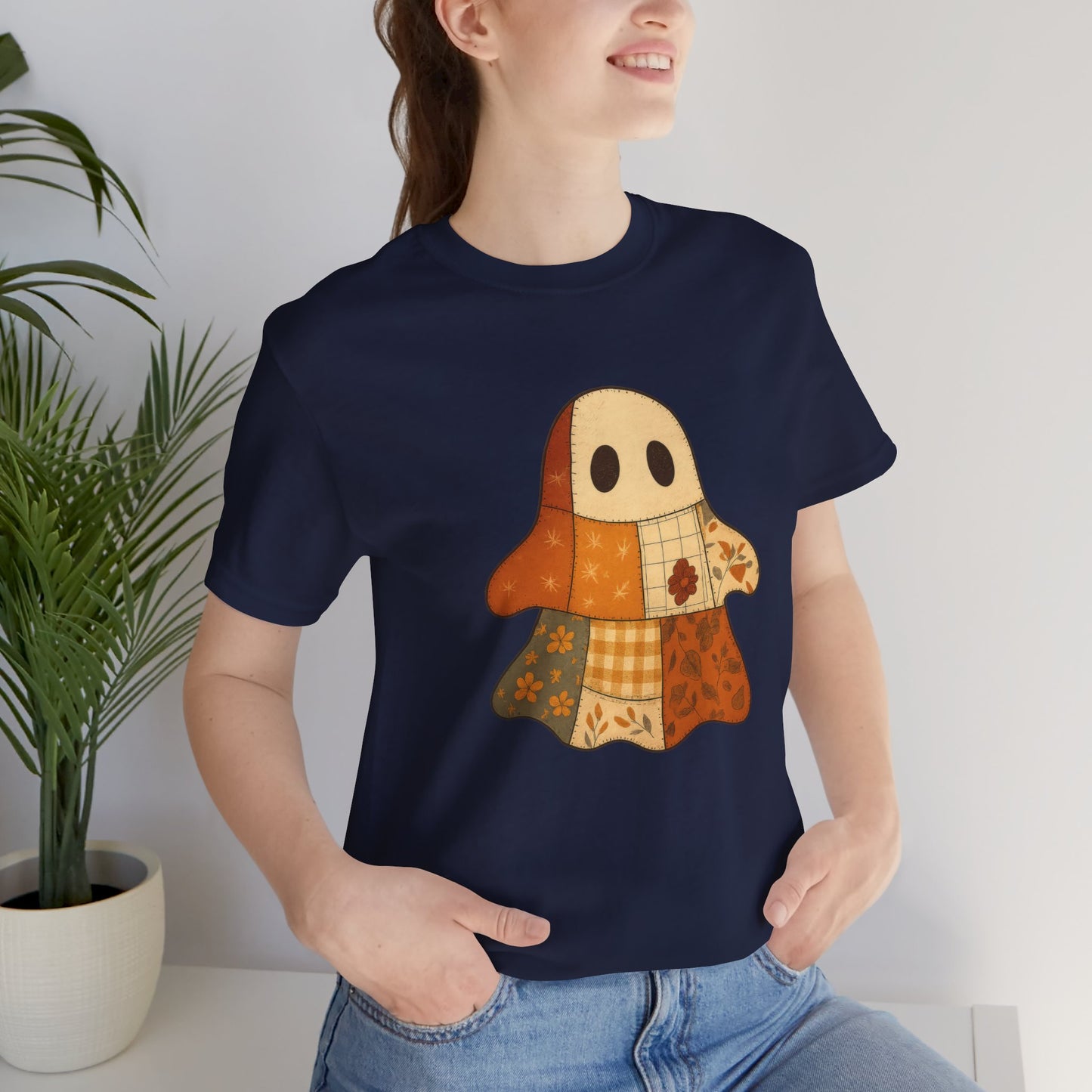 Cozy Ghost Patchwork T-Shirt, Casual Wear
