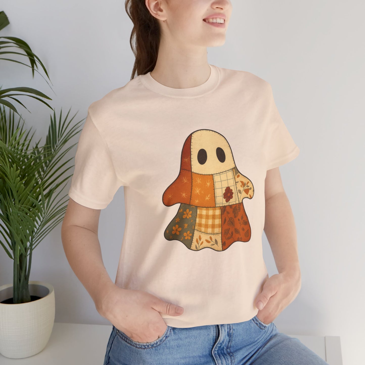 Cozy Ghost Patchwork T-Shirt, Casual Wear