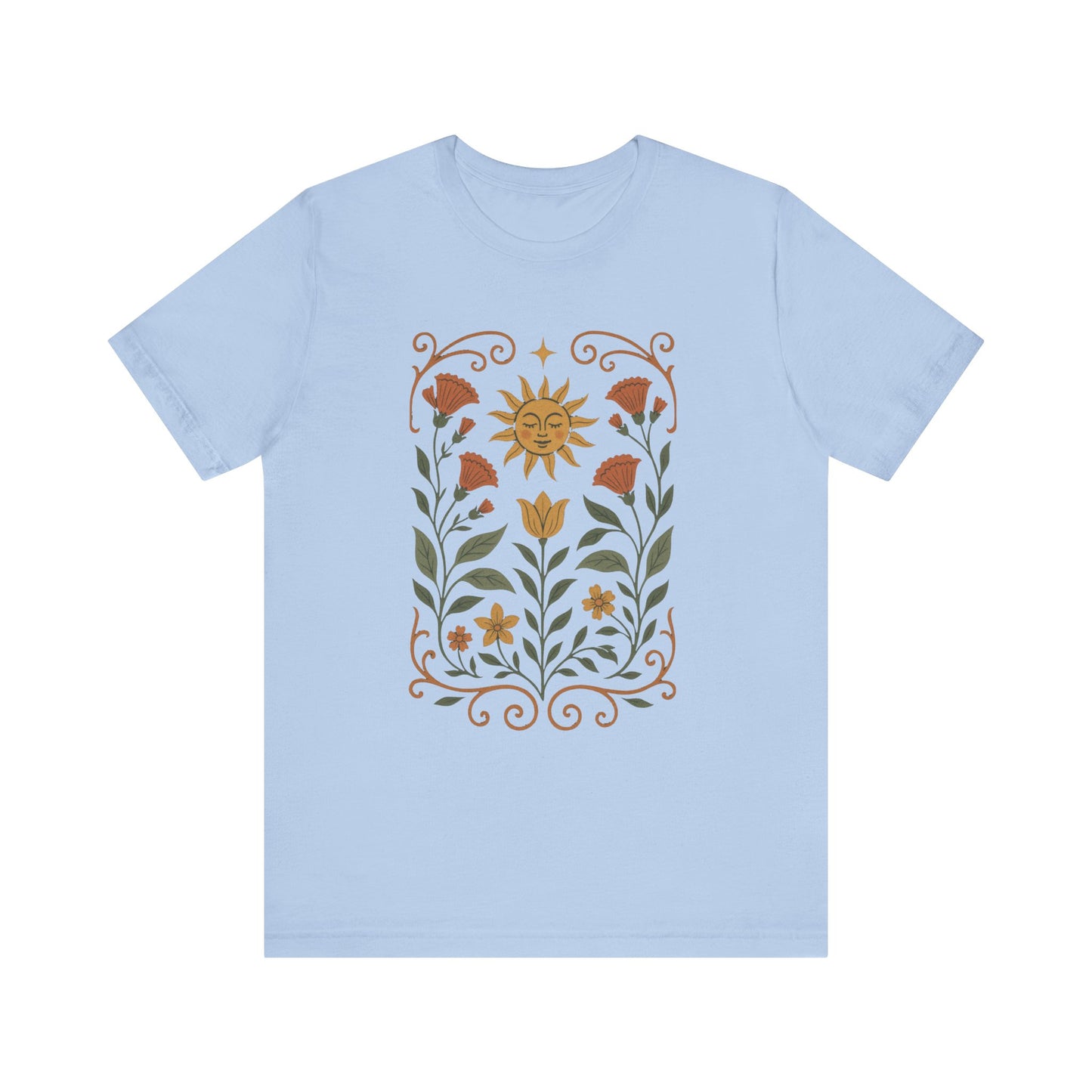 Bohemian Floral Tee,  Sun & Flower Design, Meditation  Shirt