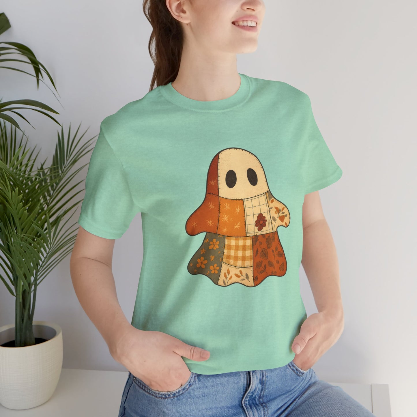 Cozy Ghost Patchwork T-Shirt, Casual Wear