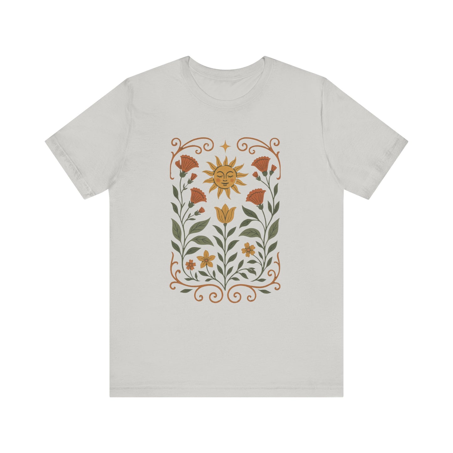 Bohemian Floral Tee,  Sun & Flower Design, Meditation  Shirt