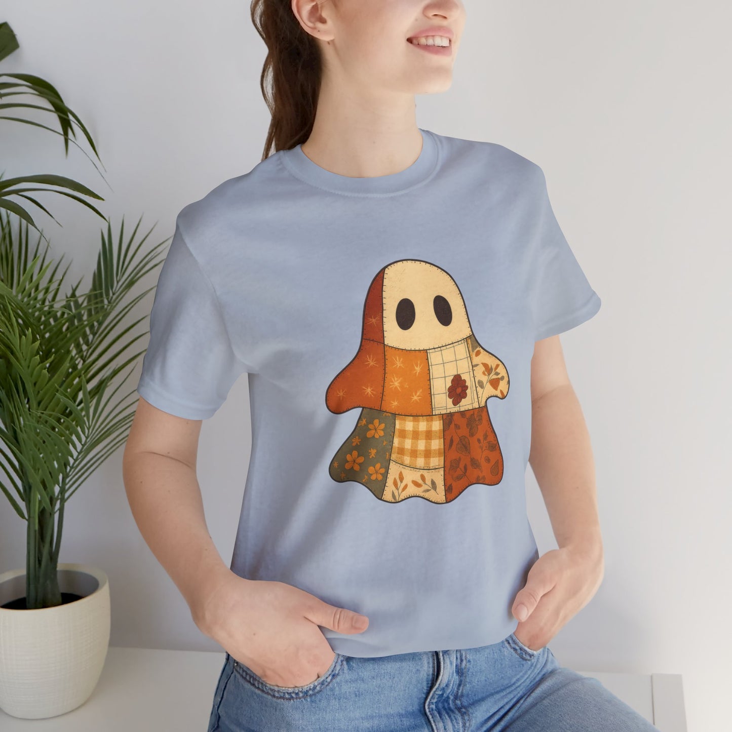 Cozy Ghost Patchwork T-Shirt, Casual Wear
