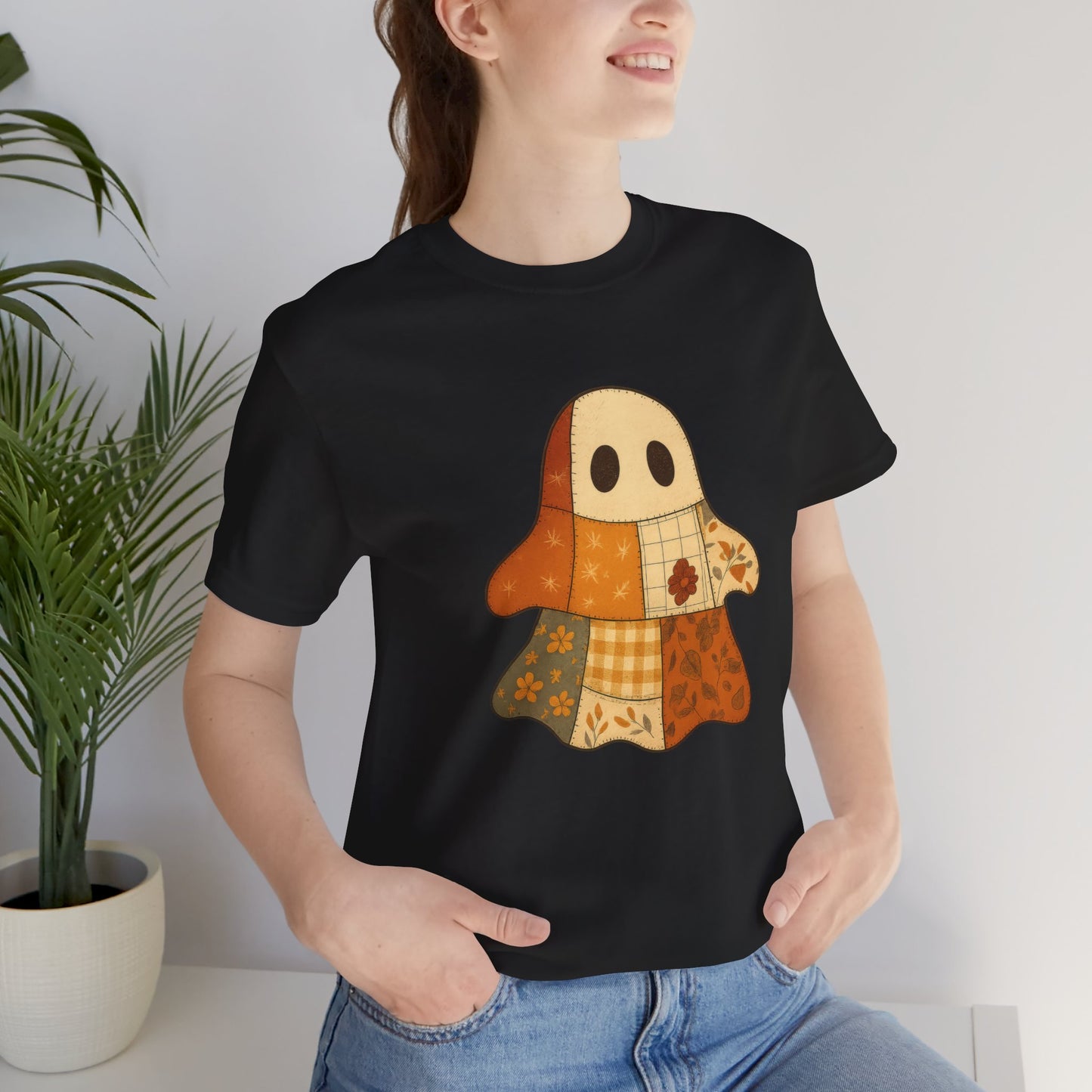 Cozy Ghost Patchwork T-Shirt, Casual Wear
