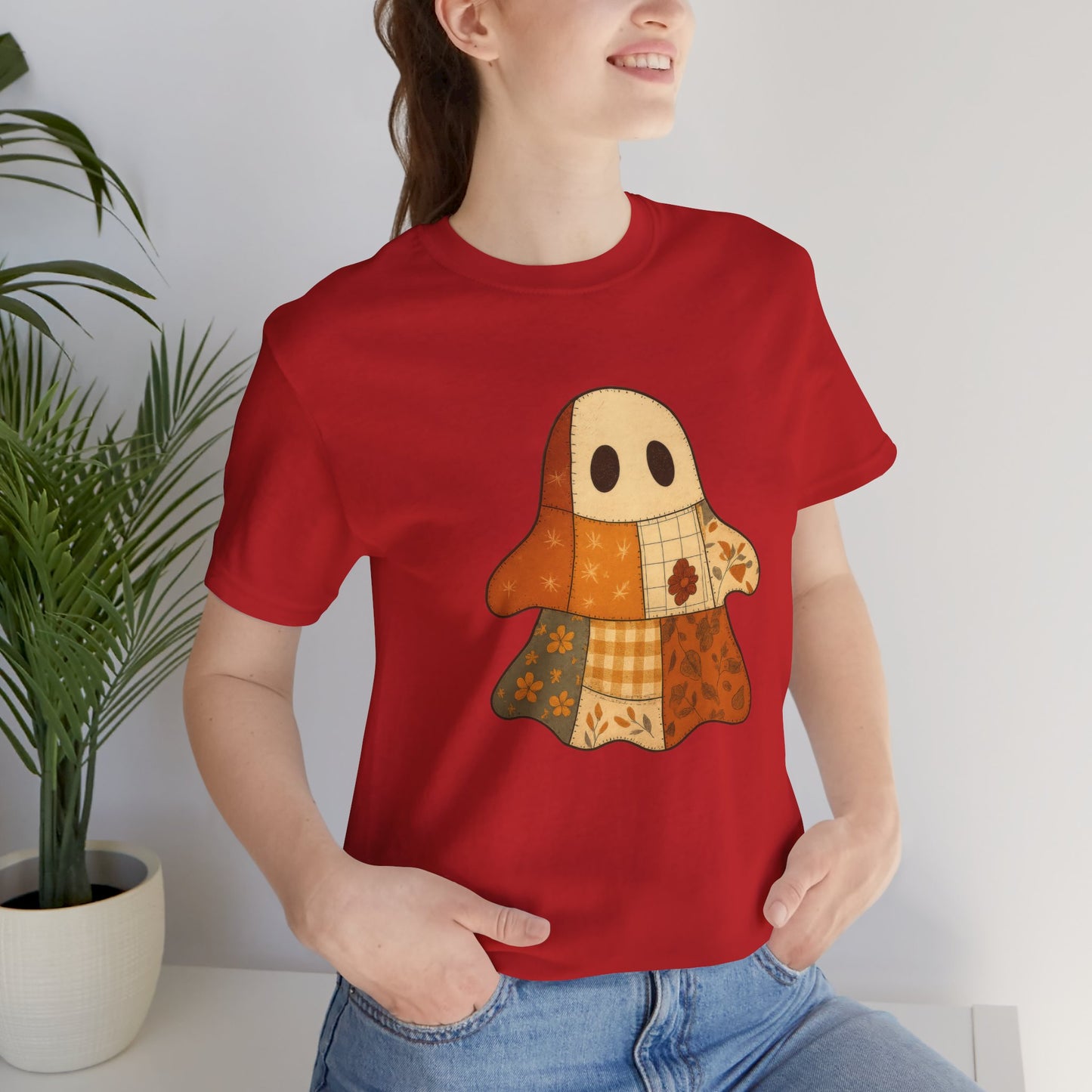 Cozy Ghost Patchwork T-Shirt, Casual Wear