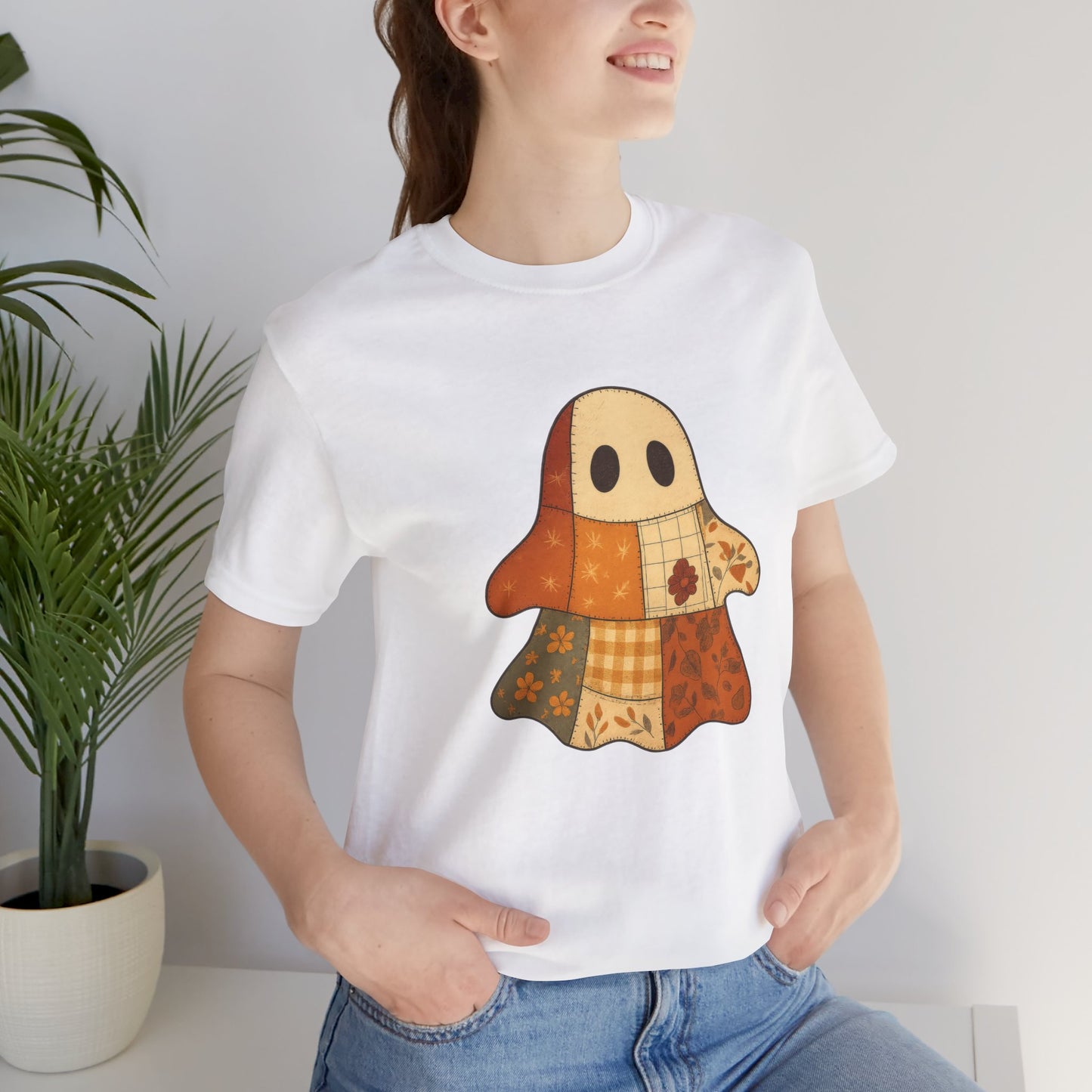 Cozy Ghost Patchwork T-Shirt, Casual Wear