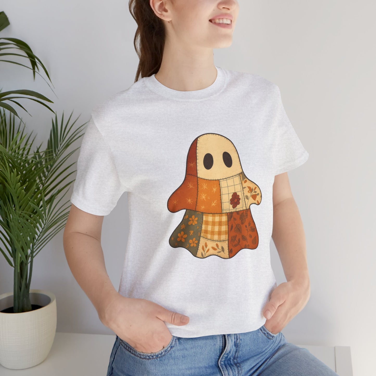 Cozy Ghost Patchwork T-Shirt, Casual Wear