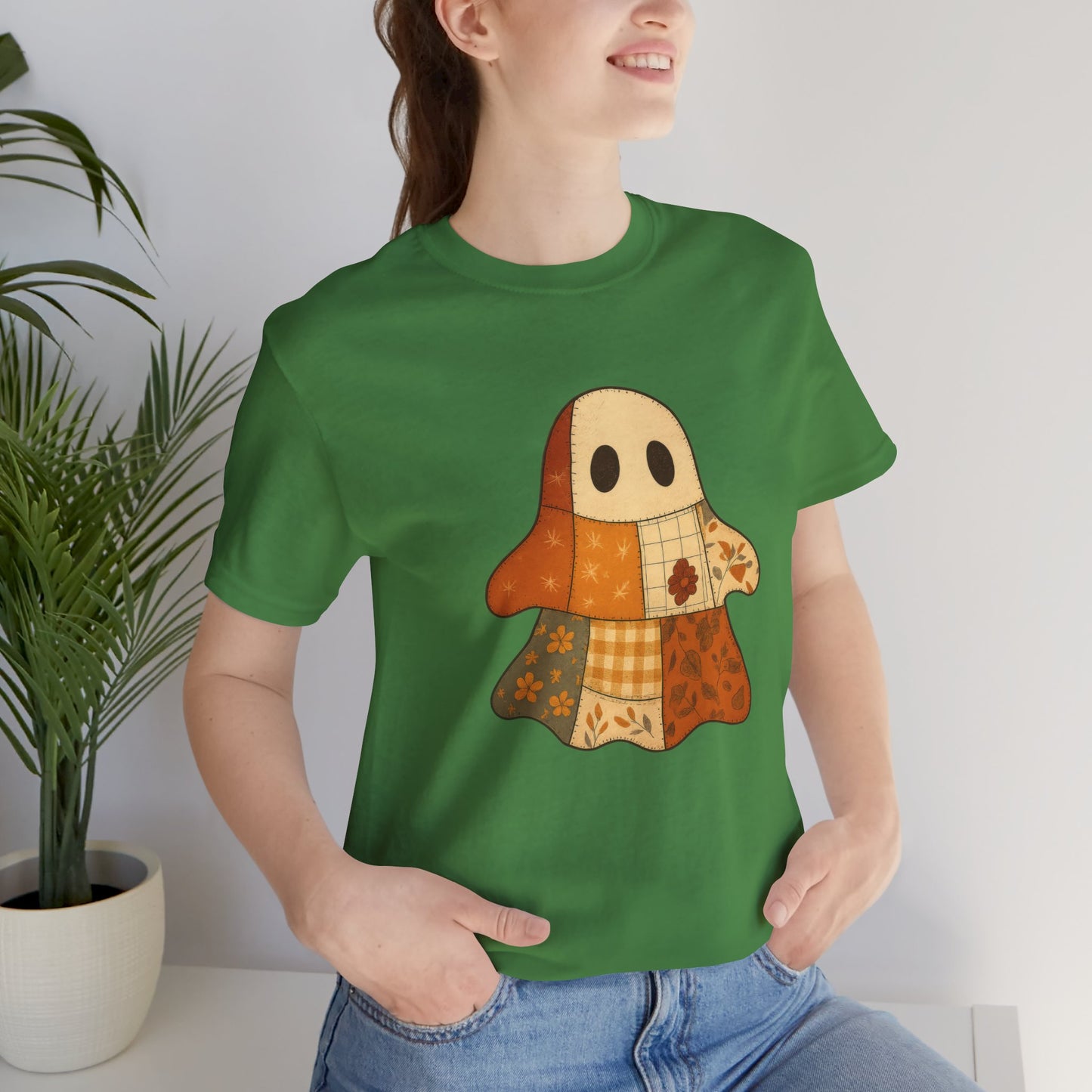 Cozy Ghost Patchwork T-Shirt, Casual Wear