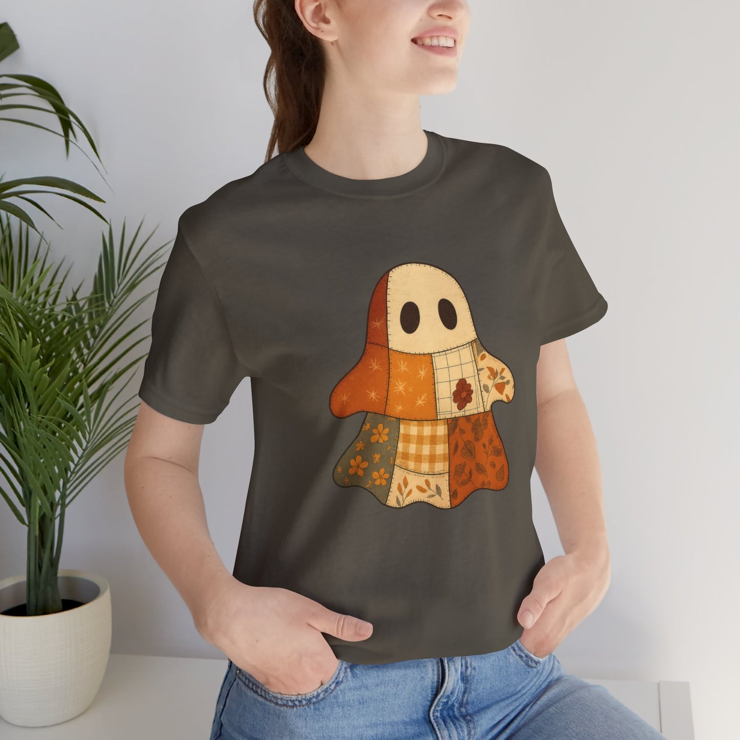 Cozy Ghost Patchwork T-Shirt, Casual Wear