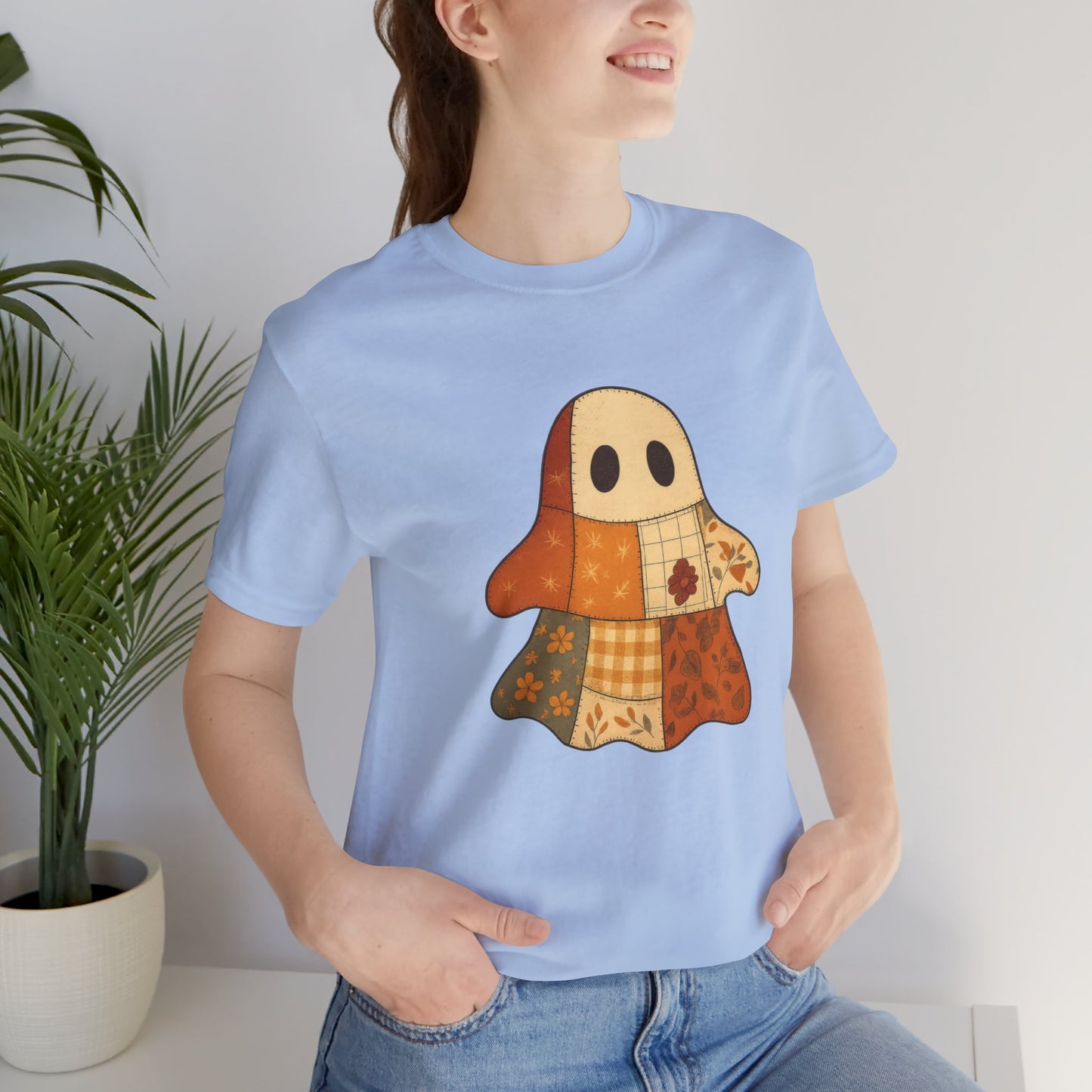Cozy Ghost Patchwork T-Shirt, Casual Wear